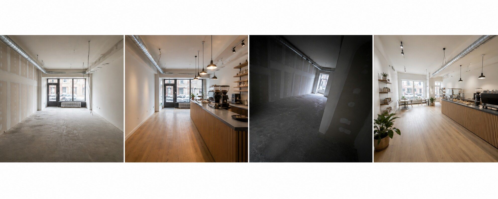 Fiktiver Vergleich: Links zeigen Vorher und Nachher denselben Raum aus ähnlicher Perspektive und bei ähnlichem Licht. Rechts wird das Vorher-Bild künstlich dunkel und schief, das Nachher-Bild dagegen weit und hell gezeigt.